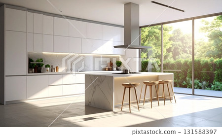 A minimalist and modern kitchen. A bright space with natural light streaming in. 131588397