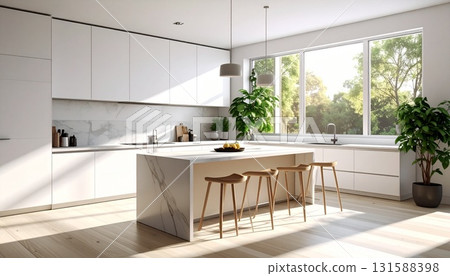 A minimalist and modern kitchen. A bright space with natural light streaming in. 131588398
