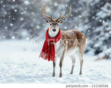 Reindeer wearing red scarf standing gracefully in snowy winter landscape 131588566