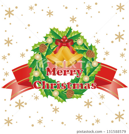 [Merry Christmas] Holly wreath and jingle bells vector illustration 131588579