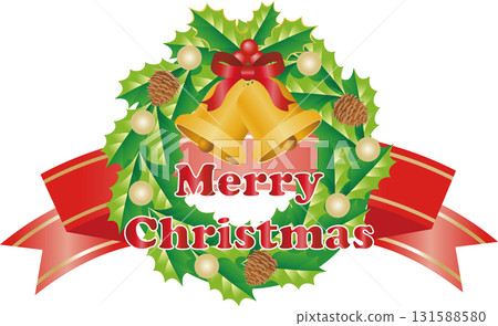 [Merry Christmas] Holly wreath and jingle bells vector illustration 131588580