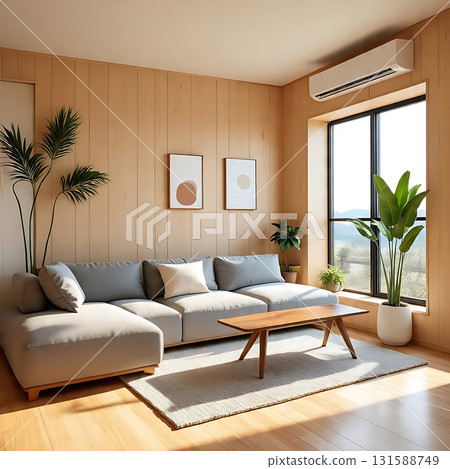 Modern living room with sectional sofa, coffee table, and large window 131588749