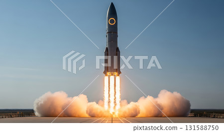 Rocket launching into the sky with bright flames and smoke 131588750