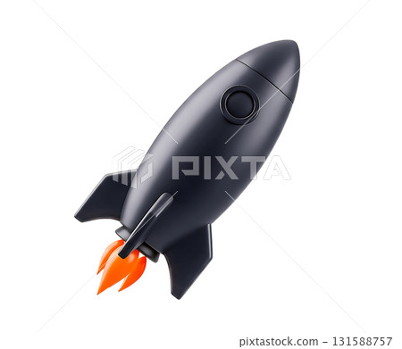 A sleek black rocket ship blasting off with fiery exhaust, isolated on transparent background 131588757