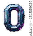 Futuristic digital number zero with transparent background PNG format featuring metallic chrome surface and holographic neon lighting effects in blue purple gradient 131589020