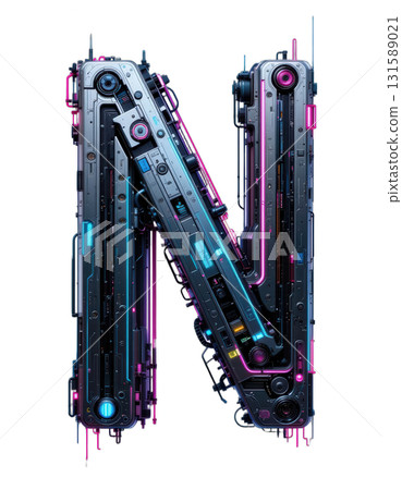 Futuristic letter N transparent background PNG digital typography neon cyberpunk style glowing effect metallic surface design element graphic art 131589021