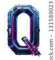 Futuristic digital letter Q transparent background holographic neon glowing effect with purple blue gradient metallic chrome finish technology style png format design element 131589023