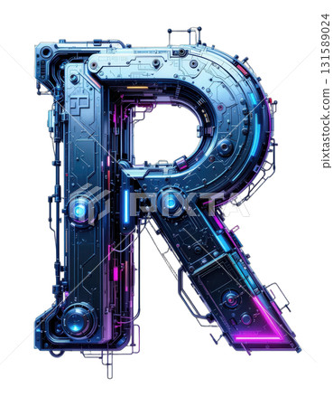 Futuristic metallic letter R with transparent background png file featuring blue purple gradient holographic surface technology design digital art 131589024