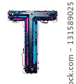 Futuristic neon letter T with transparent background png format featuring blue purple metallic texture digital typography design glowing electric style modern 131589025