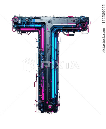 Futuristic neon letter T with transparent background png format featuring blue purple metallic texture digital typography design glowing electric style modern 131589025