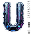 Futuristic neon letter U with transparent background png format featuring blue purple gradient cyberpunk style digital typography perfect for modern design project 131589026