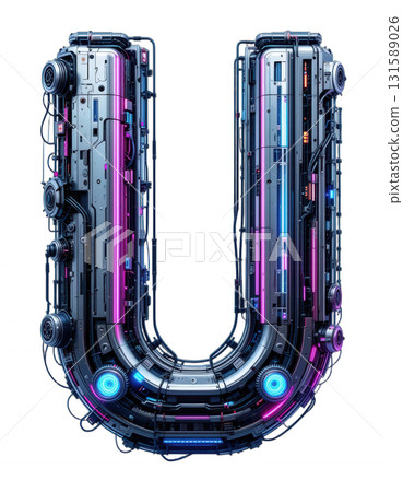 Futuristic neon letter U with transparent background png format featuring blue purple gradient cyberpunk style digital typography perfect for modern design project 131589026