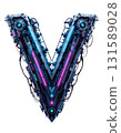 Futuristic letter V transparent background digital neon glow cyberpunk metallic chrome design PNG format technology typography alphabet character blue purple gradient 131589028