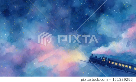 蒸氣機車在夜空中行駛水彩幻想背景 131589293