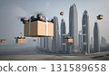 Drone delivery glides between skyscrapers 131589658
