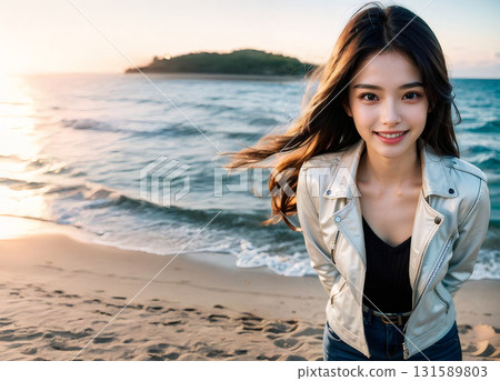 Woman walking on the beach at sunset Woman walking on the beach at sunset 131589803