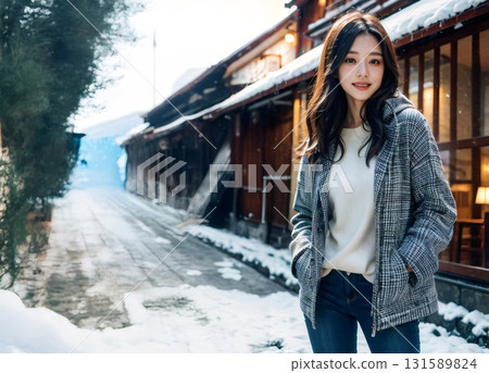 一名女子走過積雪的街道 131589824