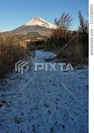 Mount Fuji in the morning as seen from the snowy trail leading up to Mount Echizen in the Ashitaka Mountains 131590003