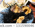Dinner at the guesthouse: a mountain of seafood: hairy crab, sea urchin, oysters 131590046