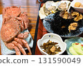 Dinner at the guesthouse: a mountain of seafood: hairy crab, sea urchin, oysters 131590049