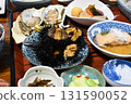 Dinner at the guesthouse: a mountain of seafood: hairy crab, sea urchin, oysters 131590052