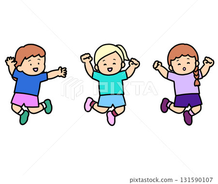 Set of three smiling Caucasian girls jumping Set of three smiling Caucasian girls jumping 131590107