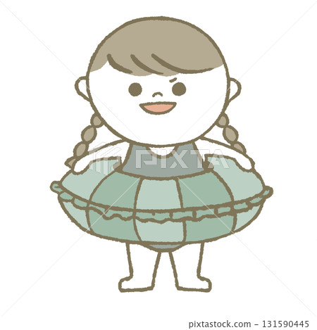 A child in a swimsuit holding a swim ring with a proud look on his face 131590445