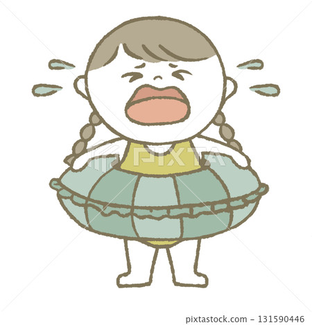 Crying child in a swimsuit holding a swim ring 131590446