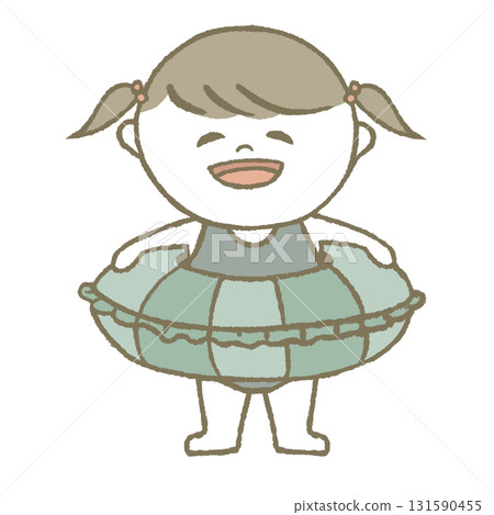 Child in a swimsuit holding a swim ring 131590455