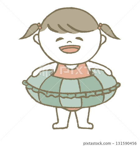 Child in a swimsuit holding a swim ring 131590456