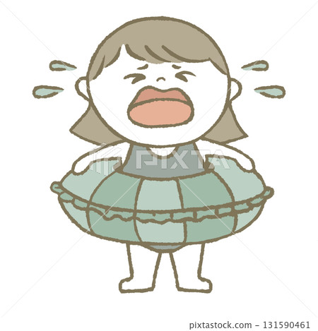Crying child in a swimsuit holding a swim ring Crying child in a swimsuit holding a swim ring 131590461