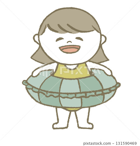 Child in a swimsuit holding a swim ring 131590469