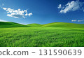 Green grass field on small hills and blue sky with clouds. 131590639