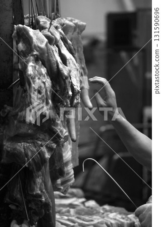 Pork sold at a butcher shop in the Hong Kong market. Higher and more expensive than beef and chicken. Chinese love pork 131590696