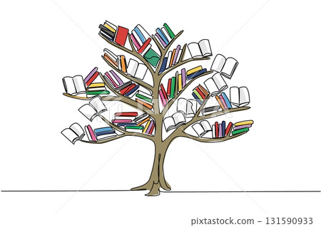 Single one line drawing a tree with branches filled with various books. The higher the level, the more knowledge is needed. Artificial plants. Book Tree. Continuous line design graphic illustration Single one line drawing a tree with branches filled with various books. The higher the level, the more knowledge is needed. Artificial plants. Book Tree. Continuous line design graphic illustration 131590933