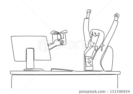 Single continuous line drawing hands out of the monitor screen while holding a gift box. Expressions of gratitude from online relations. Happy. Things from Screen. One line design vector illustration Single continuous line drawing hands out of the monitor screen while holding a gift box. Expressions of gratitude from online relations. Happy. Things from Screen. One line design vector illustration 131590934