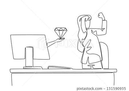 Single continuous line drawing hands out of the monitor screen while holding a diamond. Dancing with the luxury of jewelry. The smart worker. Things from Screen. One line design vector illustration Single continuous line drawing hands out of the monitor screen while holding a diamond. Dancing with the luxury of jewelry. The smart worker. Things from Screen. One line design vector illustration 131590935