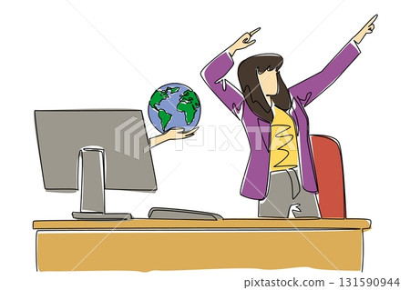 Single continuous line drawing hands out of monitor screen while holding globe. Rejoice in the new business network that is being established. Things from Screen. One line design vector illustration 131590944