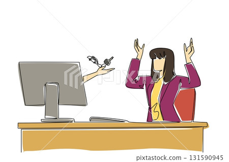 Single continuous line drawing hand coming out of the monitor screen holding car key with car shaped keychain. Hard working businesswoman bonus. Things from Screen. One line design vector illustration 131590945