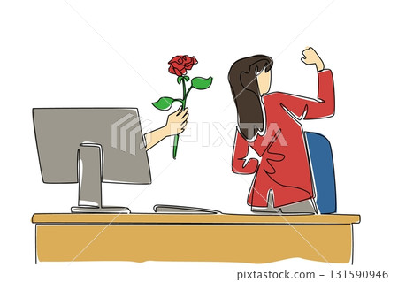 Single one line drawing hands out of the monitor screen while holding a rose flower. Date on Friday night after work. Youthful romance. Things from Screen. Continuous line design graphic illustration 131590946