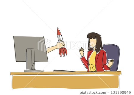 Continuous one line drawing hands out of the monitor screen while holding a rocket. Launching a new application. The joy of the expert. Things from Screen. Single line draw design vector illustration 131590949