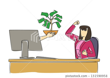 Single one line drawing hands out of the monitor screen while holding a money tree with leaves made of banknotes. Successful investment. Things from Screen. Continuous line design graphic illustration Single one line drawing hands out of the monitor screen while holding a money tree with leaves made of banknotes. Successful investment. Things from Screen. Continuous line design graphic illustration 131590958