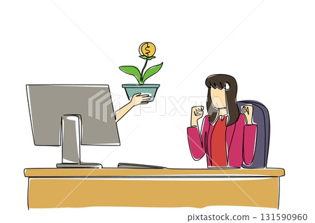 Continuous one line drawing hands out of monitor screen while holds money tree with dollar coin fruit. Symbolism of growing investment. Things from Screen. Single line draw design vector illustration Continuous one line drawing hands out of monitor screen while holds money tree with dollar coin fruit. Symbolism of growing investment. Things from Screen. Single line draw design vector illustration 131590960