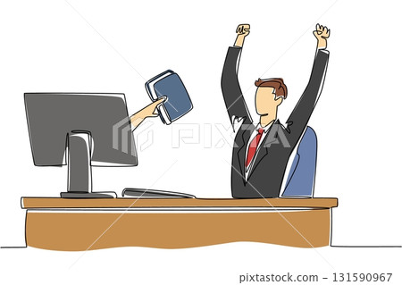 Single continuous line drawing hands out of the monitor screen while holding a thick book. Instant learning in the digital age. Smart working. Things from Screen. One line design vector illustration 131590967