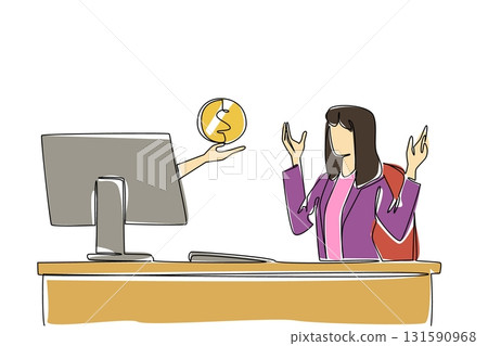 Continuous one line drawing hands out of monitor screen while holds penny. Ease of doing business while making profitable investments. Things from Screen. Single line draw design vector illustration Continuous one line drawing hands out of monitor screen while holds penny. Ease of doing business while making profitable investments. Things from Screen. Single line draw design vector illustration 131590968
