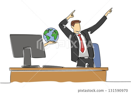Single one line drawing hands out of monitor screen while holding a globe. Great new connection for business. Profitable relationship. Things from Screen. Continuous line design graphic illustration Single one line drawing hands out of monitor screen while holding a globe. Great new connection for business. Profitable relationship. Things from Screen. Continuous line design graphic illustration 131590970