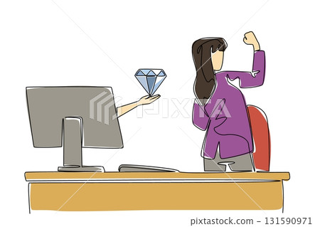 Single continuous line drawing hands out of the monitor screen while holding a diamond. Dancing with the luxury of jewelry. The smart worker. Things from Screen. One line design vector illustration 131590971