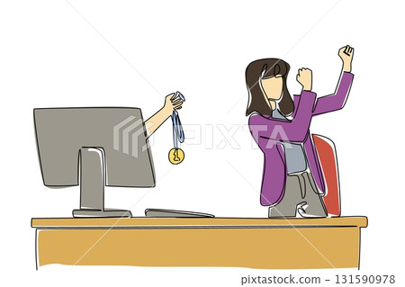 Single one line drawing hands out of the monitor screen while holding a medal. Confirmation from fellow businesswomen. Award. Happiness. Things from Screen. Continuous line design graphic illustration Single one line drawing hands out of the monitor screen while holding a medal. Confirmation from fellow businesswomen. Award. Happiness. Things from Screen. Continuous line design graphic illustration 131590978
