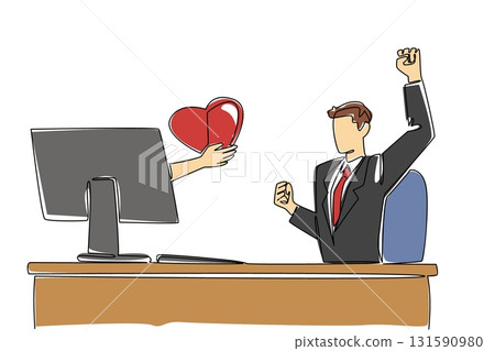 Single one line drawing hands out of the monitor screen while holding a love. The joy of online dating. Get the expected heart. Romance. Things from Screen. Continuous line design graphic illustration 131590980