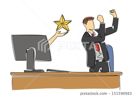 Single continuous line drawing hands out of monitor screen while holding a star shape. Get the best rating for performance. Award. Recognition. Things from Screen. One line design vector illustration 131590983